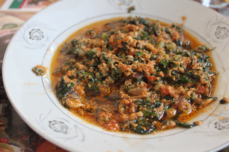 Of all the Ghanaian dishes we tried, I think this was my favorite. This version had egg in it, and was served w/ starchy little plantains called "apim". They tasted kind of like waxy potatoes and went very nicely w/ the sauce. ? Photo by benketaro from San Francisco, CC BY 2.0, via Wikimedia Commons