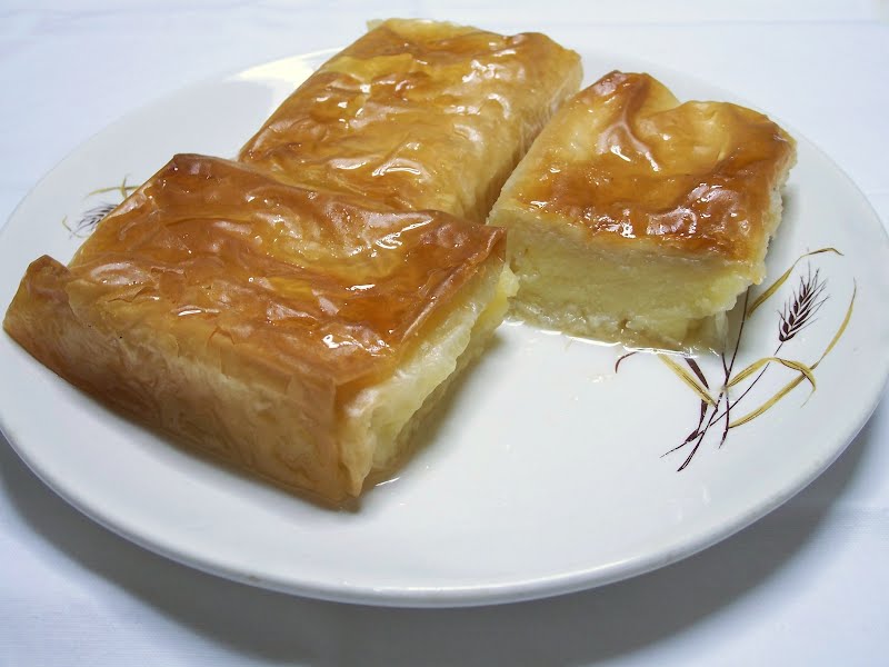 Three pieces of Galaktoboureko, a popular greek desert. ???? ???????? ??????????????? ? Photo by Badseed, CC BY 3.0, via Wikimedia Commons