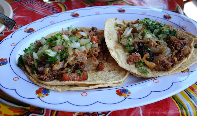 Tacos made with beef barbacoa. ? Photo by Thelmadatter, CC BY-SA 3.0, via Wikimedia Commons