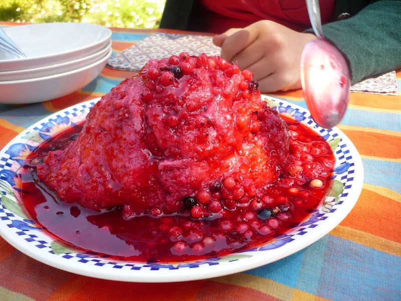Summer pudding - macerated fruit and bread ? Photo by Sarah, CC BY 2.0, via Wikimedia Commons