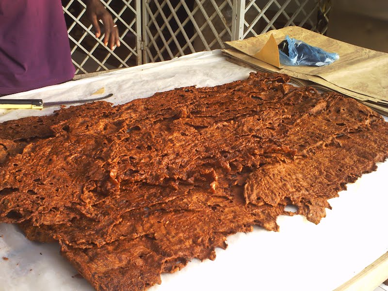 Kilishi is made from sliced and dried beef, coated with peanut paste "Labu" in Hausa. ? Photo by Abubakar M. Ahmad, CC BY-SA 3.0, via Wikimedia Commons