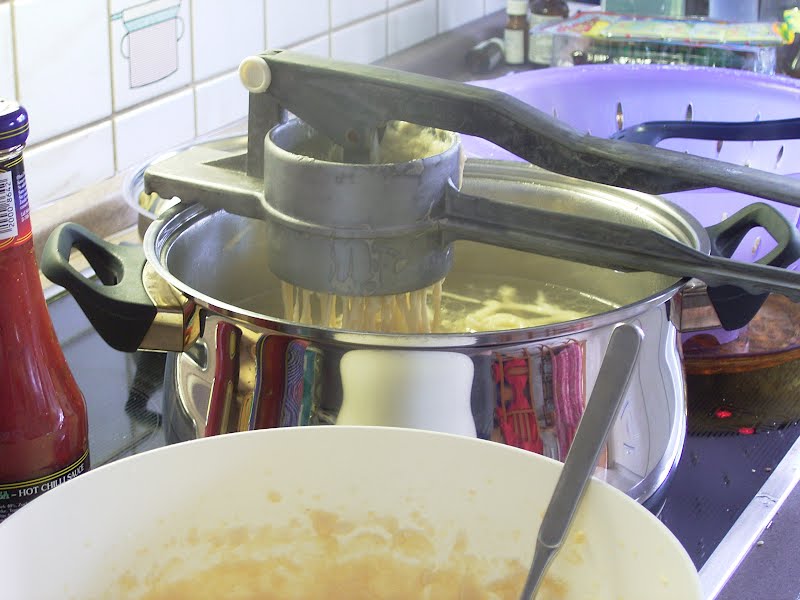 A Tool to make Spaetzle during the making Prozess ? Photo by Stefan-Xp, CC BY-SA 3.0, via Wikimedia Commons