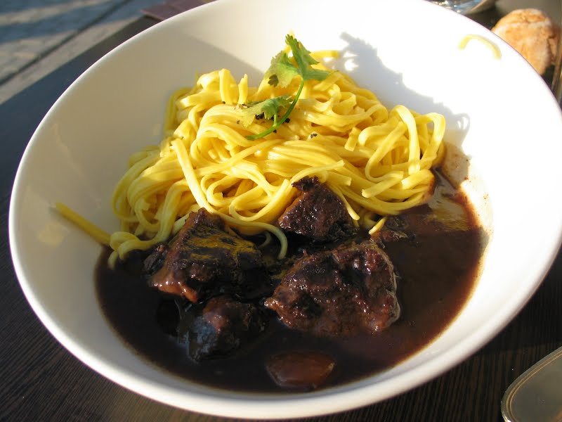 Beef bourguignon made with ox cheek, served with pasta. ? Photo by DC, CC BY 3.0, via Wikimedia Commons