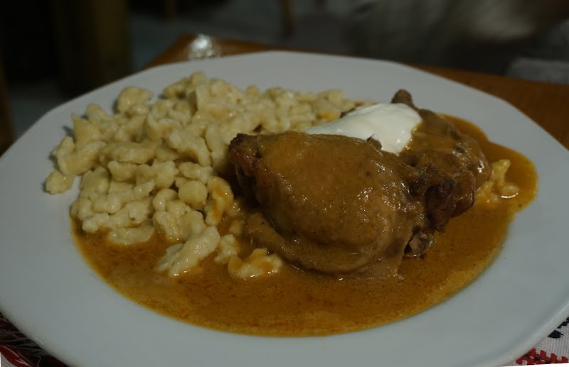 Paprika chicken with dumplings (Paprikás csirke galuskával in Hungarian) is one of the classic Hungarian dishes where paprika is the dominant ingredient of the sauce, served with a type of pasta made with fresh eggs. ? Photo by Sumit Surai, CC BY-SA 4.0, via Wikimedia Commons