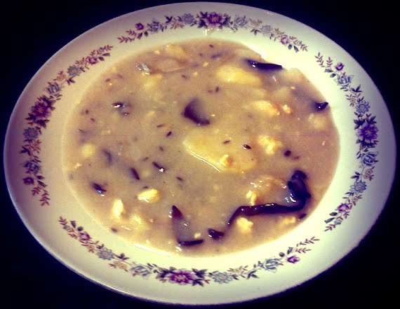 Soup made from sourdough, mushrooms, cumin, potatoes and eggs. Traditional food from Czech Republic region Krkono?e. Photographed by mobile phone, sorry for quality. ? Photo by Krakono?, CC BY-SA 3.0, via Wikimedia Commons