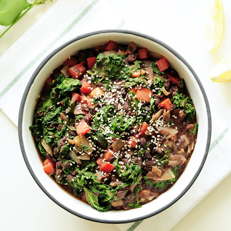 Warm Black Bean Salad with Kale and Tomatoes ? Photo by Sharon Chen, CC BY 3.0, via Wikimedia Commons