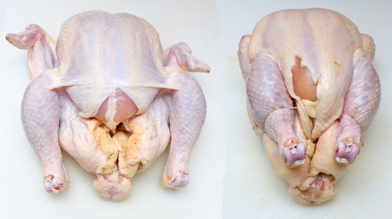 Example of an untrussed (left) and trussed (right) chicken for roasting. Note: chicken was trussed with a trussing needle, and 2 pieces of string, as described (Method 2) on page 221?222 of Jacques Pepin's book La Technique (ISBN 067179020X). ? Photo by Ll1324, CC0, via Wikimedia Commons