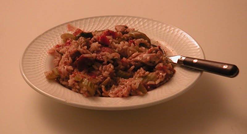 Jambalaya with chicken, sausage, rice, tomatoes, celery, and spices. For full recipe, see wikibooks:Cookbook:Jambalaya. Photo by w:user:Polyparadigm. ? Photo by No machine-readable author provided. Polyparadigm~commonswiki assumed (based on copyright claims)., CC BY-SA 3.0, via Wikimedia Commons