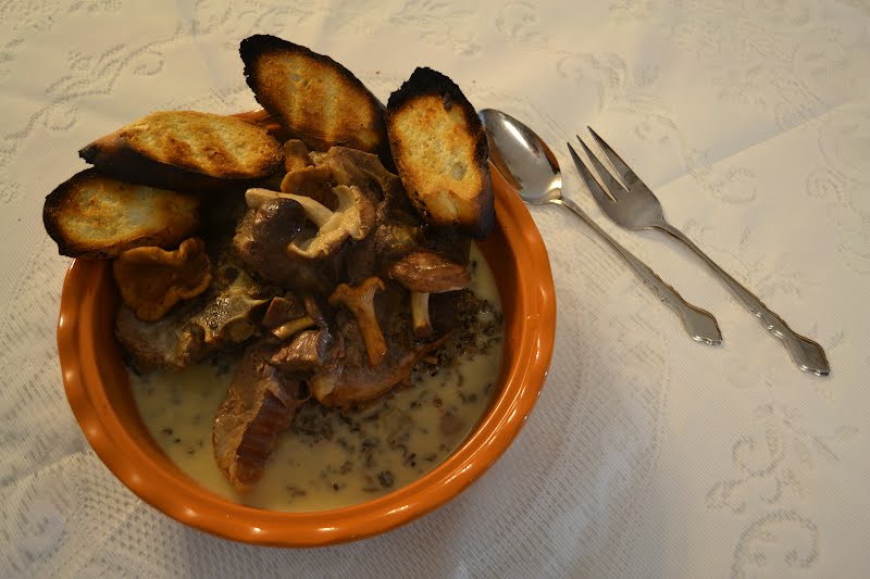Bison ŕ la Grecque, a bison fusion dish with toasted bread, wild mushrooms, and wild rice ? Photo by Visitor7, CC BY-SA 3.0, via Wikimedia Commons