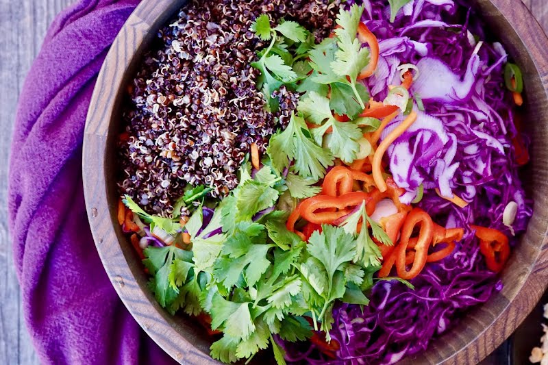 Gluten-Free Quinoa Vegetable Slaw With Peanut Dressing ? Photo by Simmer + Sauce, CC BY 3.0, via Wikimedia Commons
