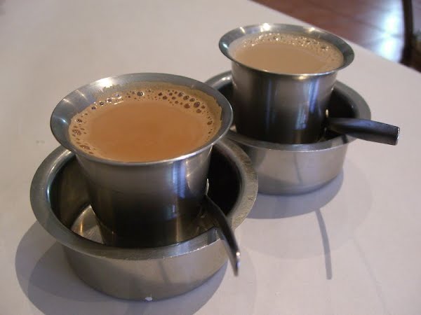 Masala Tea and South Indian Filter Coffee - Chennai Banana Leaf, Syndal AUD2.50 each Masala tea is also known as Chai or Masala Chai. This version had strong cardamom flavours, which i liked, but reminds Julia of the dentist! :P The coffee wasn't very strong, but had a lot of evaporated milk, which made it quite thick. ? Photo by Alpha from Melbourne, Australia, CC BY-SA 2.0, via Wikimedia Commons